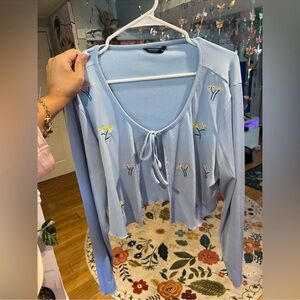 Light Blue Floral Tie Front Cardigan Y2K Coquette Cottagecore Sweater 3XL